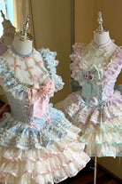 Blue [Flower Language of Eros] Halterneck Multi-Layered Ruffle Bowknot Rose Lace Lace-Up Sweet Ballet Lolita Jsk Dress