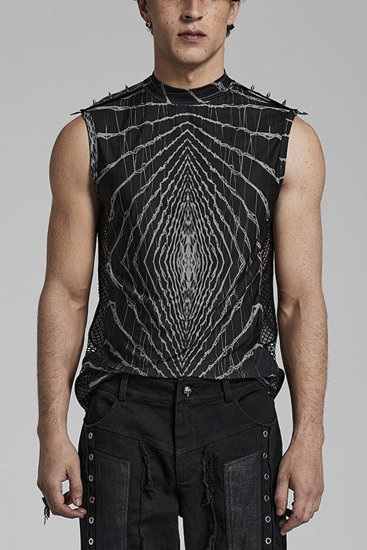 Halo Print Sleeveless Stitching Mesh Rivets Mens Steampunk T-Shirt 2 Colors