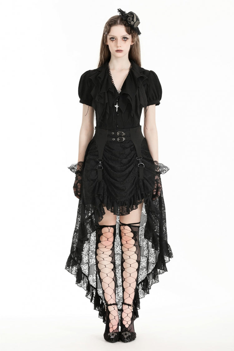 Black Women's Gothic Princess High Waisted Lace Lace-Up Buckled High/Low Tail Hem Maxi Skirt
