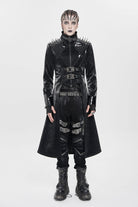 Black Stand Collar Floral Print Rivet Buckle Zipper Straps Men's Punk Coat