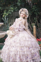 Blue [Rose Letter] Off Shoulder Triple-Layered Print Ruffle Hanayome Sweet Princess Lolita Dress