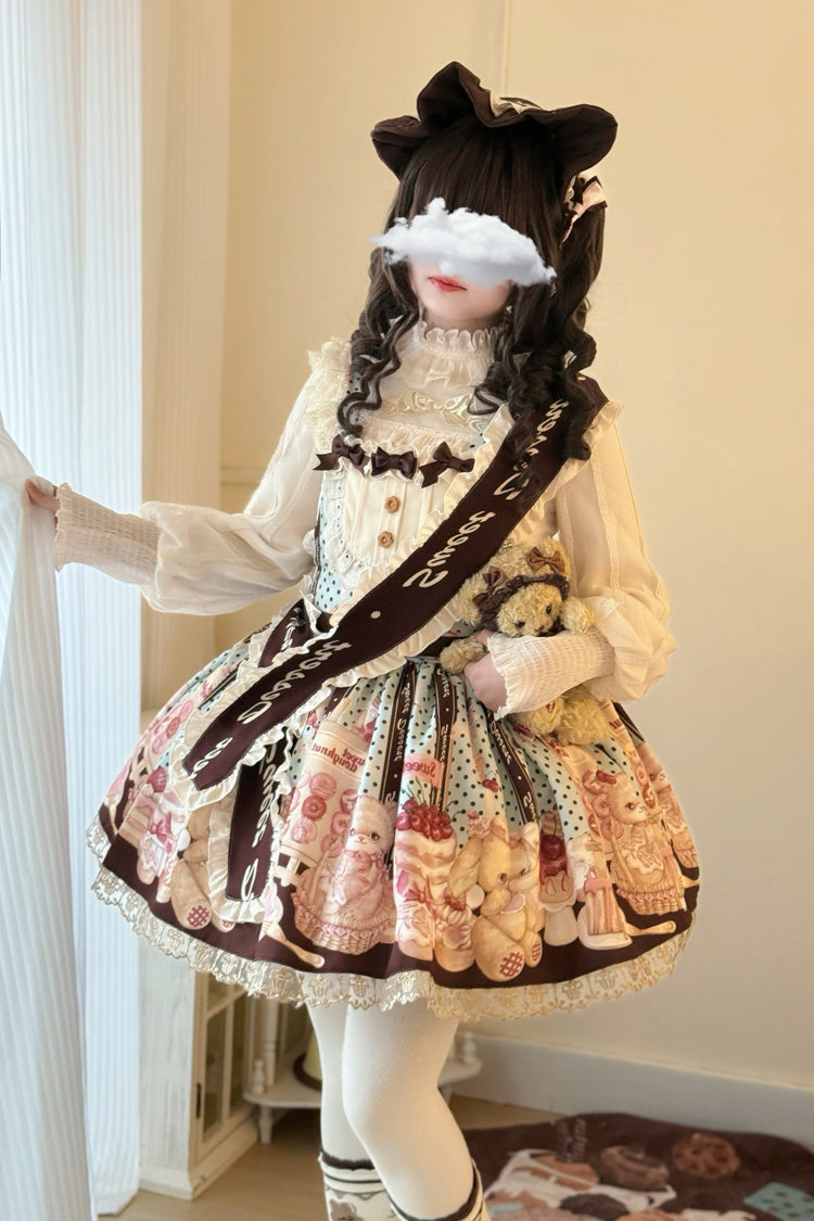 Multi-Color [Cat Chocolate Patisserie] Sleeveless Printed Ruffled Bow Lace Sweet Lolita Strap Dress