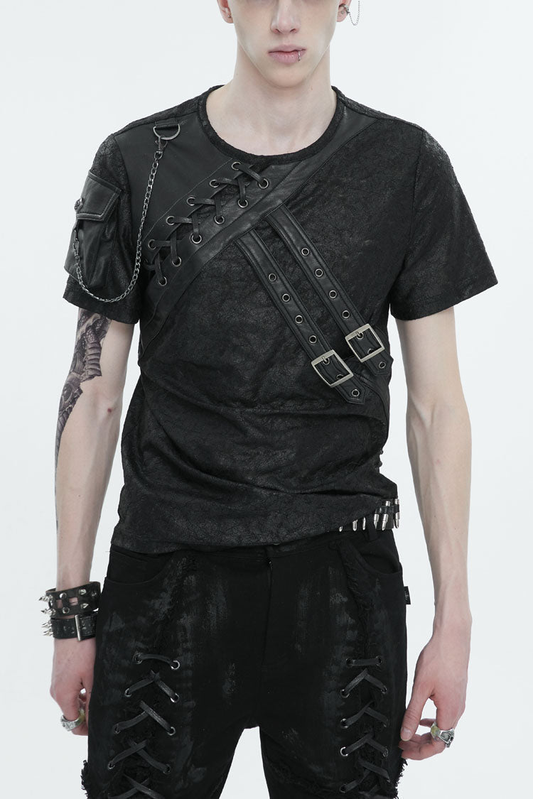 Black Vintage Print Buckle Splice Faux Leather Men's Punk T-Shirt