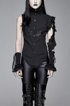 Black Ruffled Lace Sleeves Chiffon Swallowtail Womens Gothic Blouse