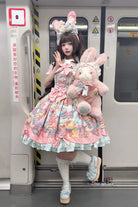 Blue/Pink [Rainbow Buffy Bunny] Sleeveless Double-Layered Ribbon Doll Printed Ruffled Bow Sweet Lolita Jsk Dress Set