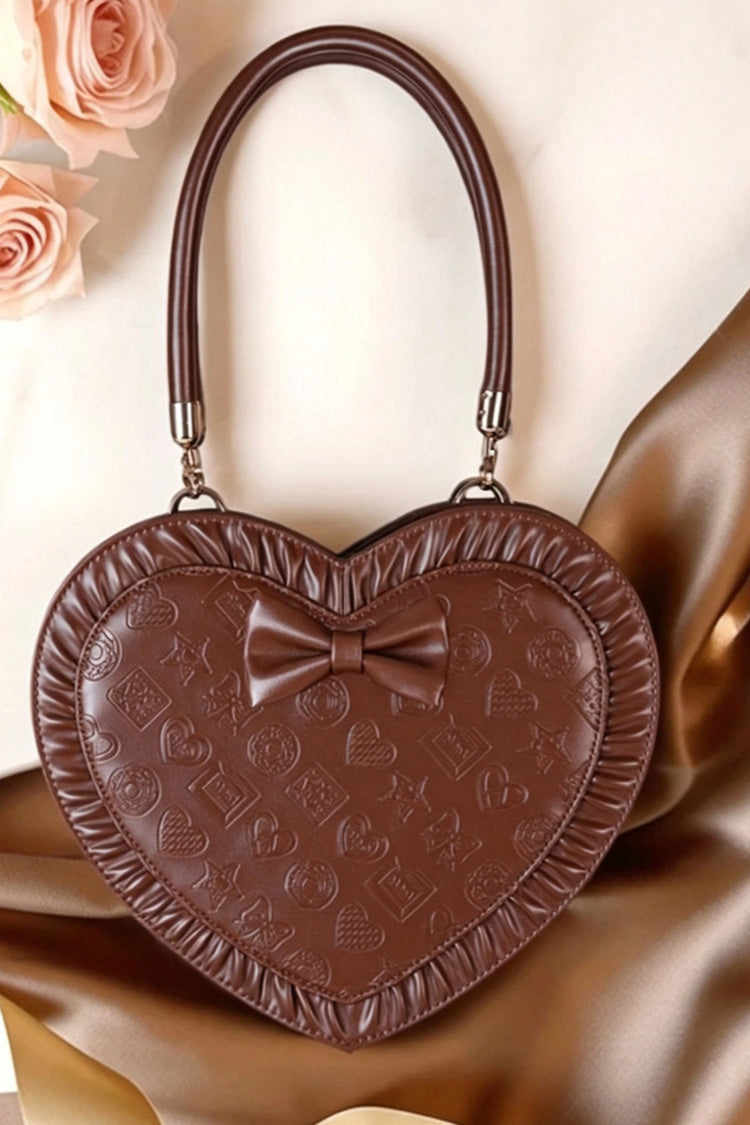 Heart‑Shaped Bow Sweet Lolita Handbag/Crossbody with Ruffled Trim 3 Colors