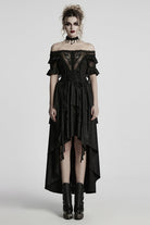 Black Off Shoulder Ruffle Sheer Women's Gothic High/low Prom Dress
