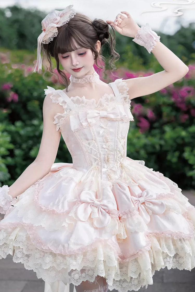 Pink [Realm of Sea Moon] Square Collar Sleeveless Multi-Layered Jacquard Ruffled Bow Lace Lace-Up Sweet Lolita Jsk Dress