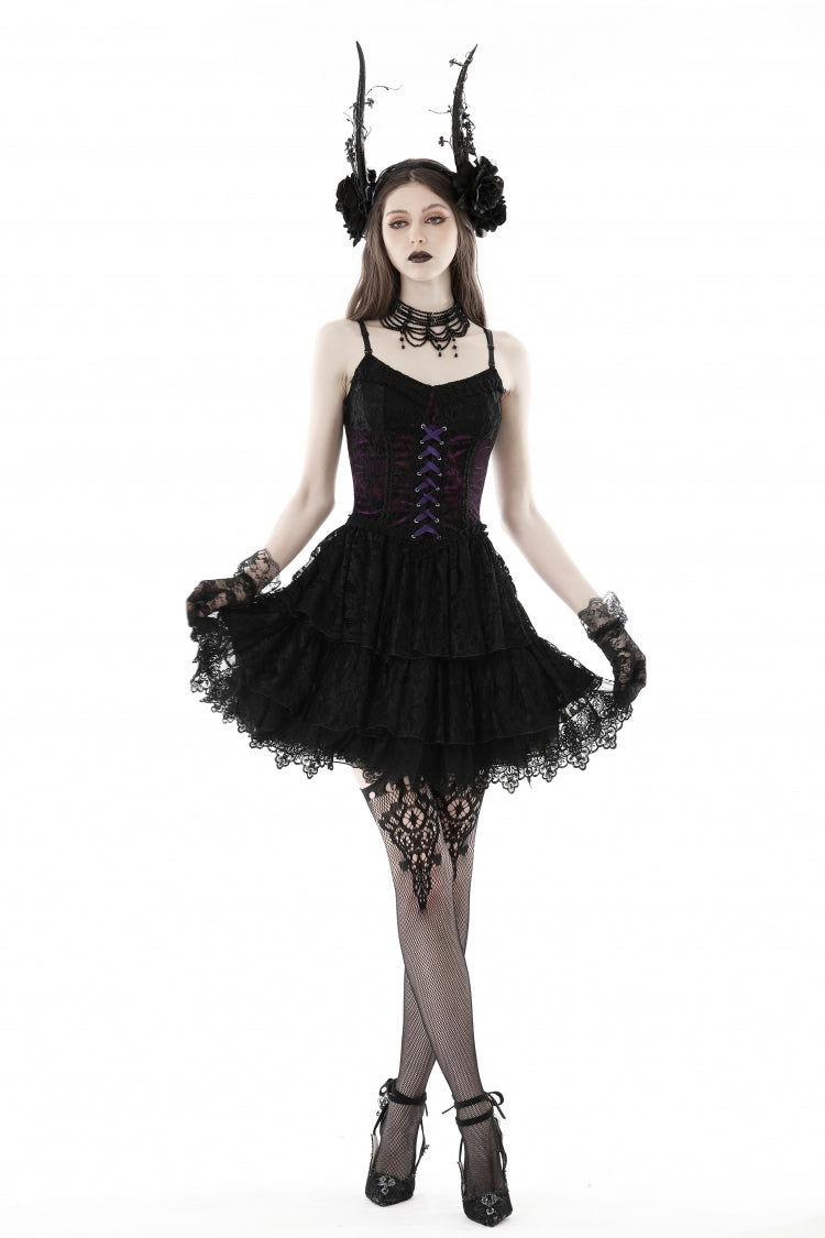 Black/Purple Multi-Layered Lace Lace-Up Women's Gothic Dress