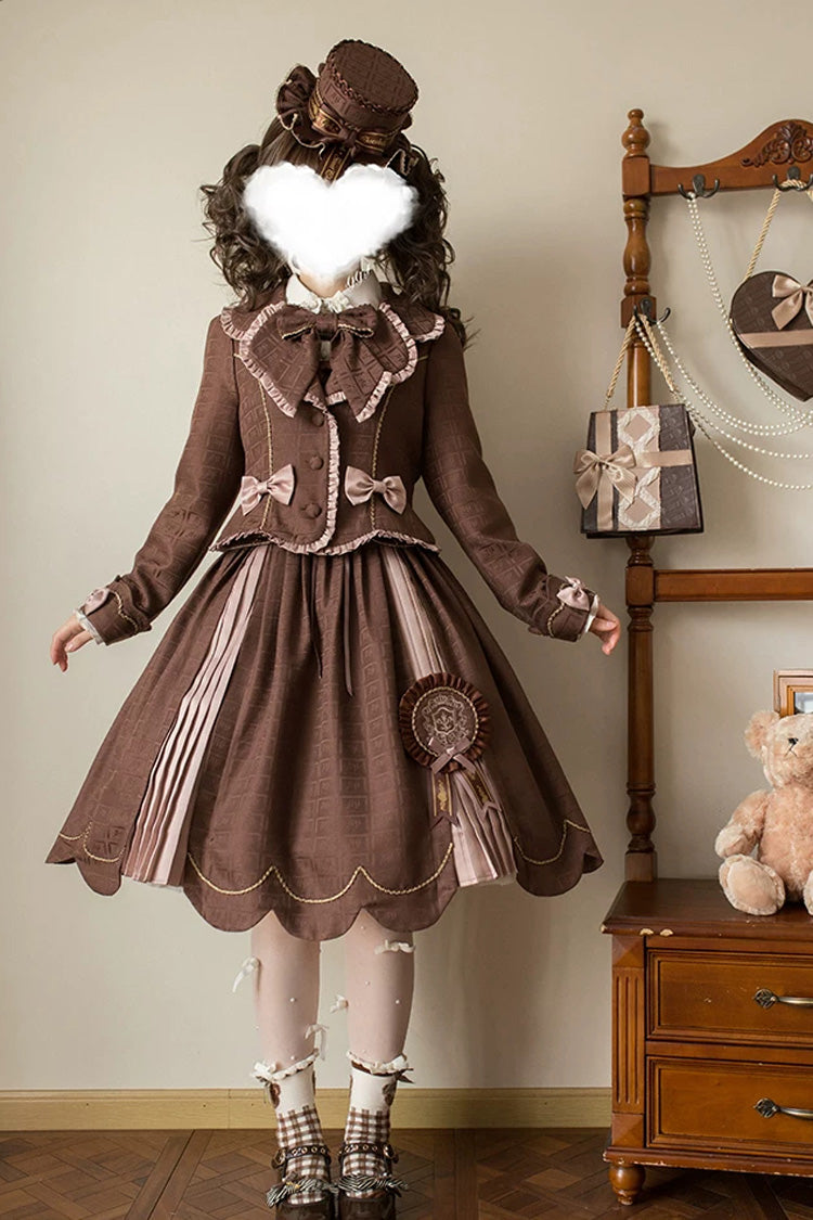 Brown [Teddy Chocolate Bar] Printed Embroidered Bow Lace-Up Classic Lolita Jsk Dress and Skirt