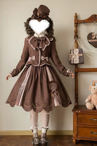 Brown [Teddy Chocolate Bar] Printed Embroidered Bow Lace-Up Classic Lolita Jsk Dress and Skirt