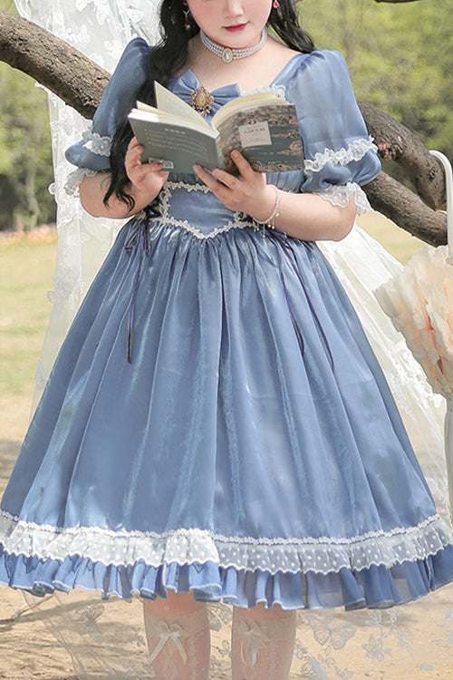 Square Collar Lace Short Sleeves High Waisted Plus Size Sweet Lolita OP Dress