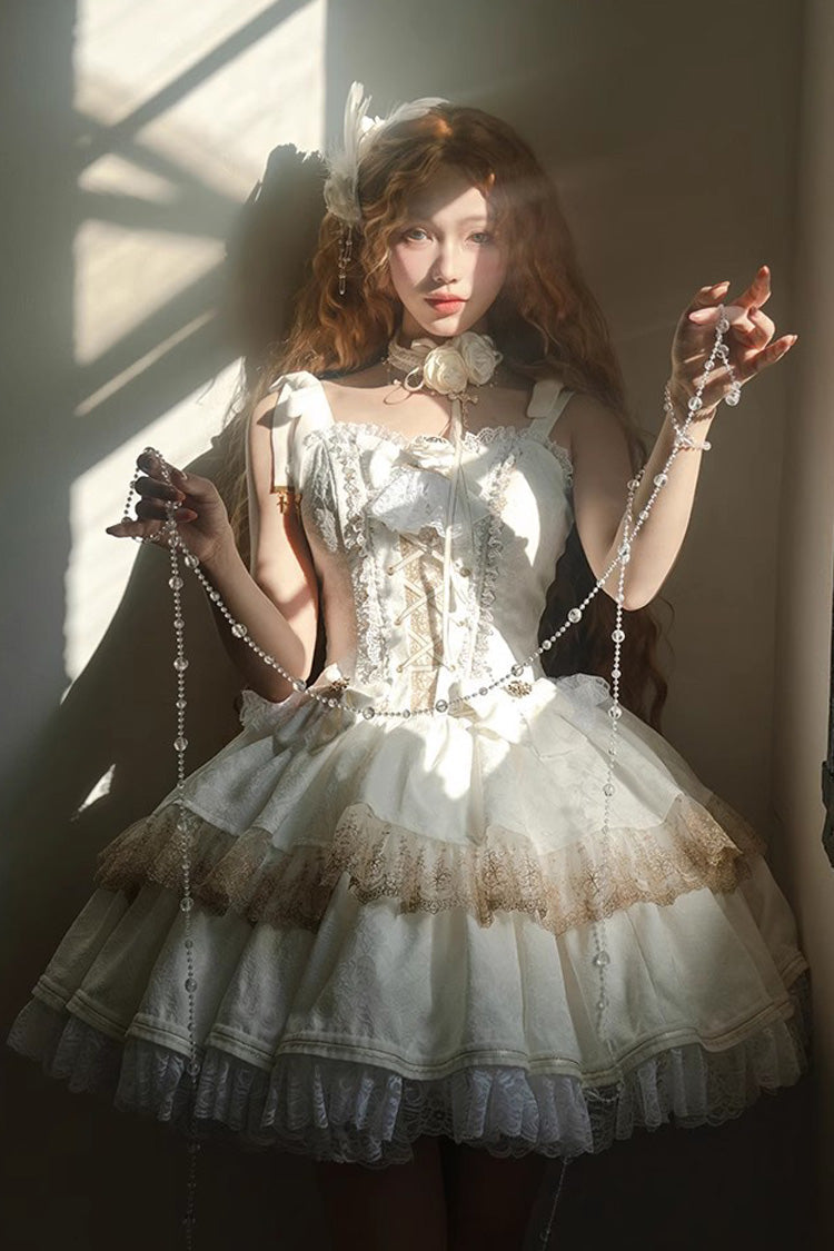 White Double-Layered Ruffle Lace Gothic Ballet Lolita Jsk Dress