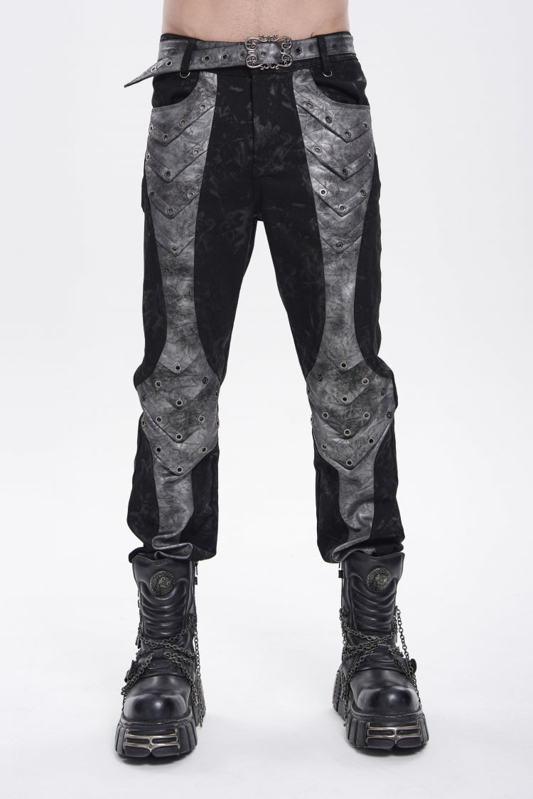 Grey Printed Cut-Out Spliced Color-Blocked Men's Punk Cool Pants