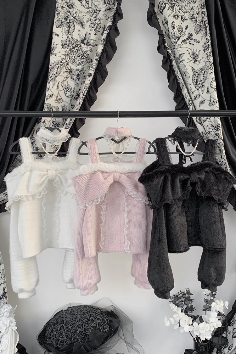 Jirai Kei Off Shoulder Long Sleeves Lace Sweet Japanese Fleece-Lined Top 3 Colors