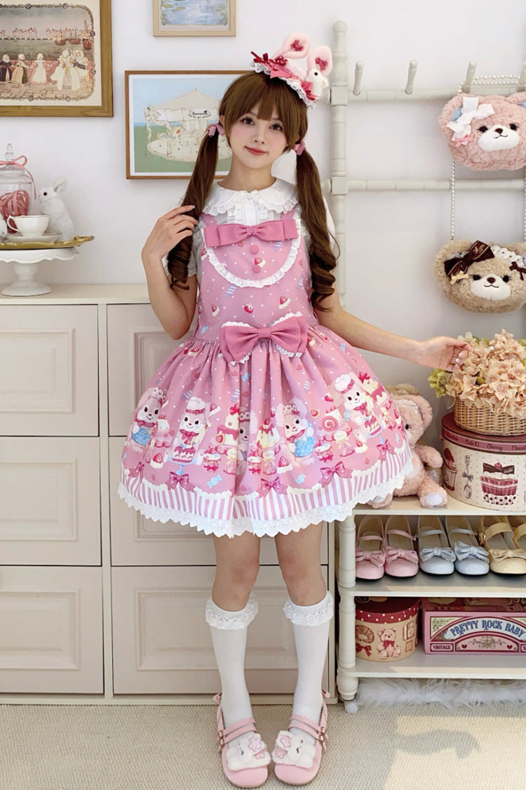 Pink [Cupid Bunny] Printed Sleeveless Bow Sweet Princess Lolita Strap Dress