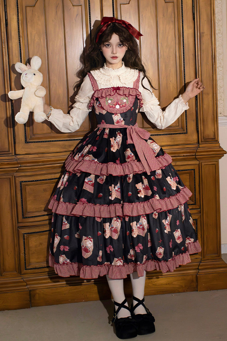 Blue/Pink [Bell Strawberry Farm] Embroidery Print Triple-Layered Ruffle Sweet Lolita JSK Dress