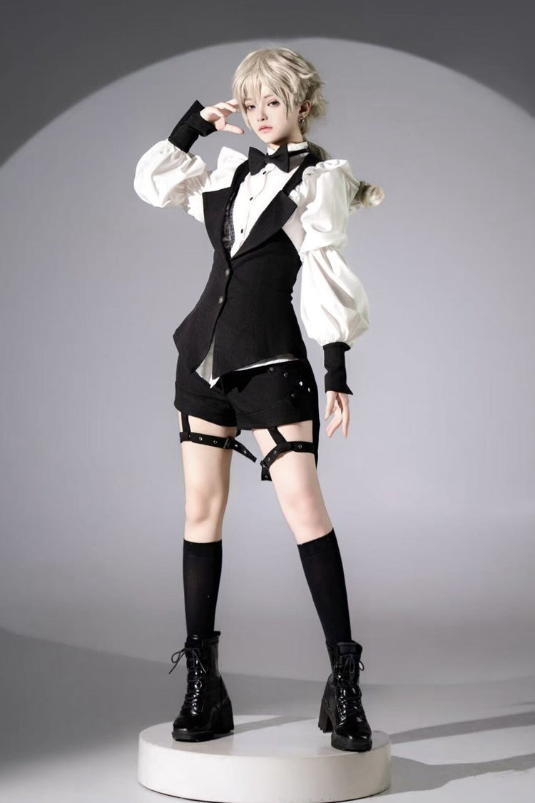 Black/White Stand Collar Long Sleeves Bowknot Gothic Prince Ouji Lolita Blouse Shorts Swallowtail Vest Set