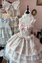 Pink [Moonlight Woven Flower Box] Square Collar Multi-Layered Ruffled Hanayome Embroidered Bow Lace Sweet Plus Size Lolita Jsk Dress Set