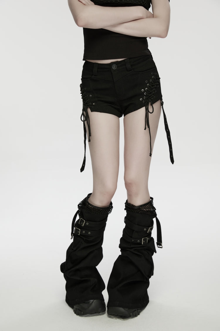 Black Spliced Lace-Up Mesh Detachable Eyelet Women's Punk Shorts