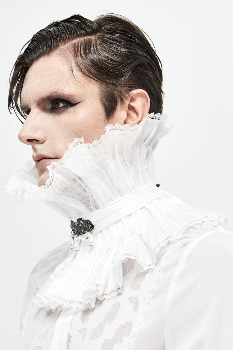 White Lace Mesh Pearl Detail Men's Gothic Accessory Necklace