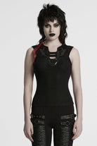 Black Sleeveless Plunging Stitching Mesh Women's Punk Vest