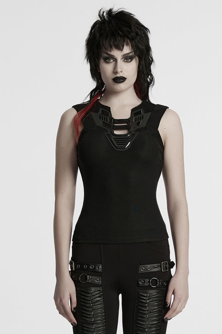 Black Sleeveless Plunging Stitching Mesh Women's Punk Vest