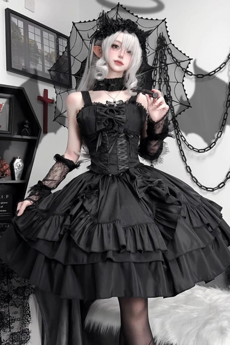 Black [Butterfly Officer] Triple-Layered Ruffle Bowknot Lace-Up Gothic Lolita Skirt Set