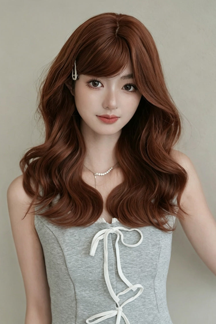 Sunset Orange Brown Natural Fluffy Medium Length Curly Sweet Lolita Wig with Side Bangs