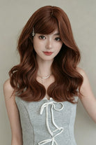 Sunset Orange Brown Natural Fluffy Medium Length Curly Sweet Lolita Wig with Side Bangs