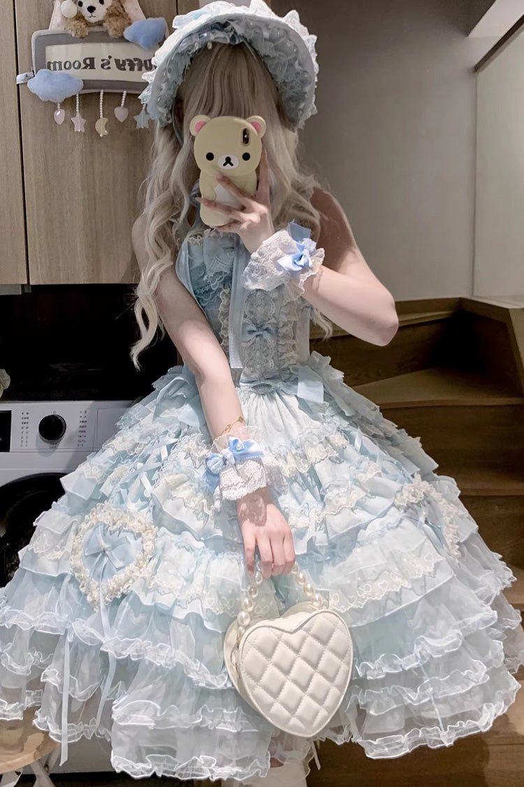 Blue [Sweetheart Diary] Multi-Layered Ruffle Hanayome Embroidery Bowknot Lace Sweet Lolita Jsk Dress