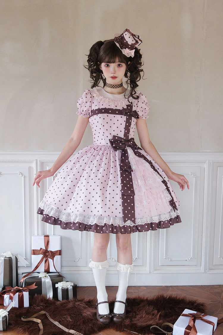 Pink [Canelé Gift Box] Round Collar Short Sleeves Double-Layered Printed Polka Dot Ruffled Open-Front Bow Asymmetric Sweet Lolita Dress