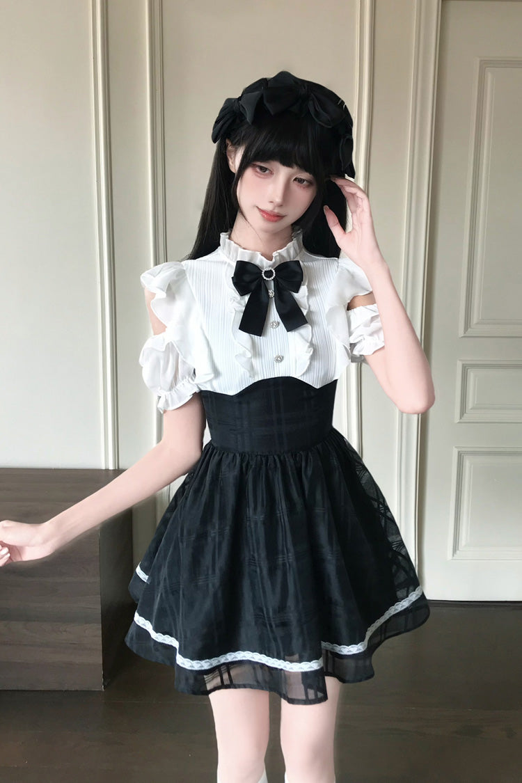 Black/White [Moonlit Poem] Stand Collar Off Shoulder Short Sleeves High Waisted Ruffled Bow Lace Sweet Princess Lolita Dress