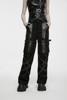 Black Patchwork Eyelet Women's Punk Cool Straight-leg Pants With Multi Pocket
