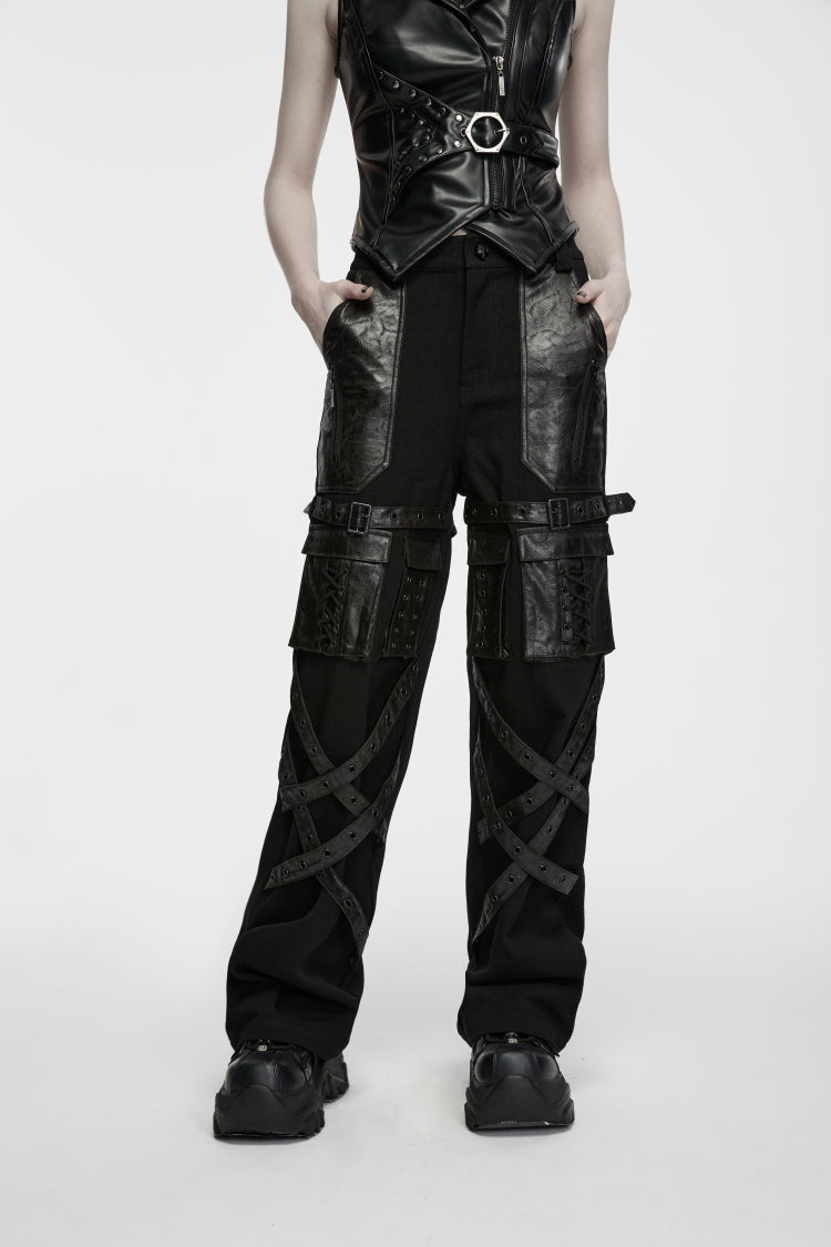 Black Patchwork Eyelet Women's Punk Cool Straight-leg Pants With Multi Pocket
