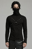 Black Long Sleeves Rivet Mesh Men's Punk Blouse with Undetachable Mask