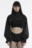 Black Stand Collar Long Sleeves Straps Women's Punk Cape