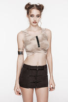 Brown Patchwork Slim Fit Mesh Zippered Eyelet Women's Punk Cool Skirt