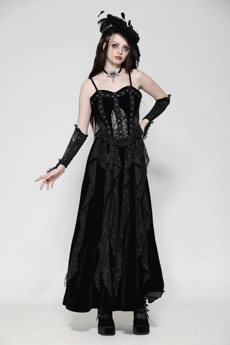Black Lace-Up Ruffled Lace Splice Velvet Women's Gothic Corset Slip Maxi Dress