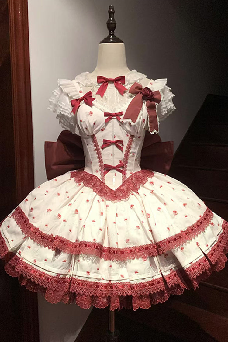 Wine Red [First Love Rose] Multi-Layered Print Ruffle Bowknot Lace Sweet Lolita Jsk Dress Set