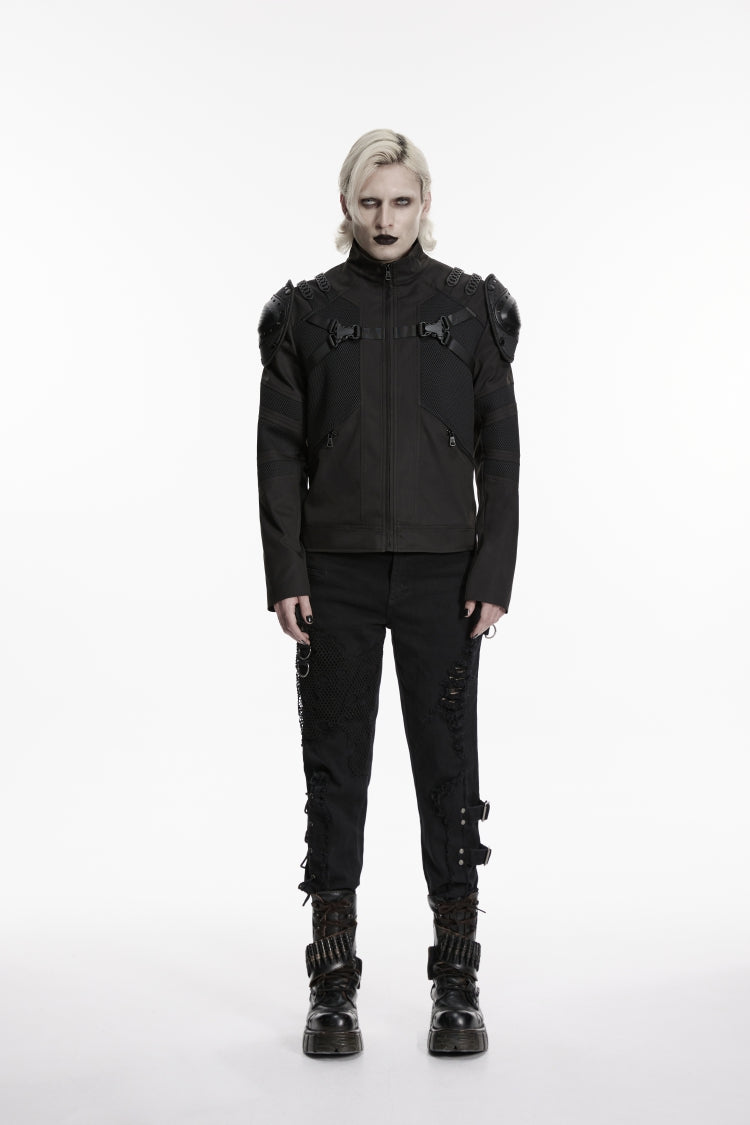 Black Stand Collar Long Sleeves Buckled Zippered Eyelet Men's Punk Handsome Cool Armor Coat