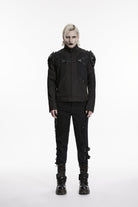 Black Stand Collar Long Sleeves Buckled Zippered Eyelet Men's Punk Handsome Cool Armor Coat