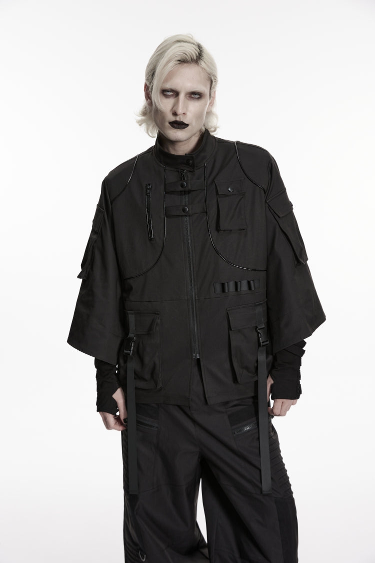 Black Stand Collar Long Sleeves Zippered Men's Punk Handsome Multi Pockets Strappy  Jacket