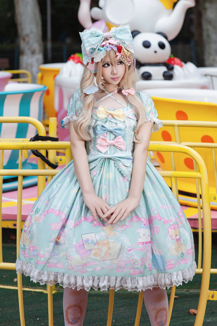 Green [Macarons Dolly House] Square Collar Short Lantern Sleeves Printed Bow Sweet Lolita Dress