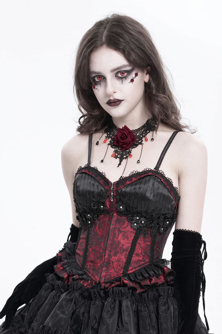 Red Sleeveless Ruffle Embroidery Lace-Up Women's Gothic Tank Top