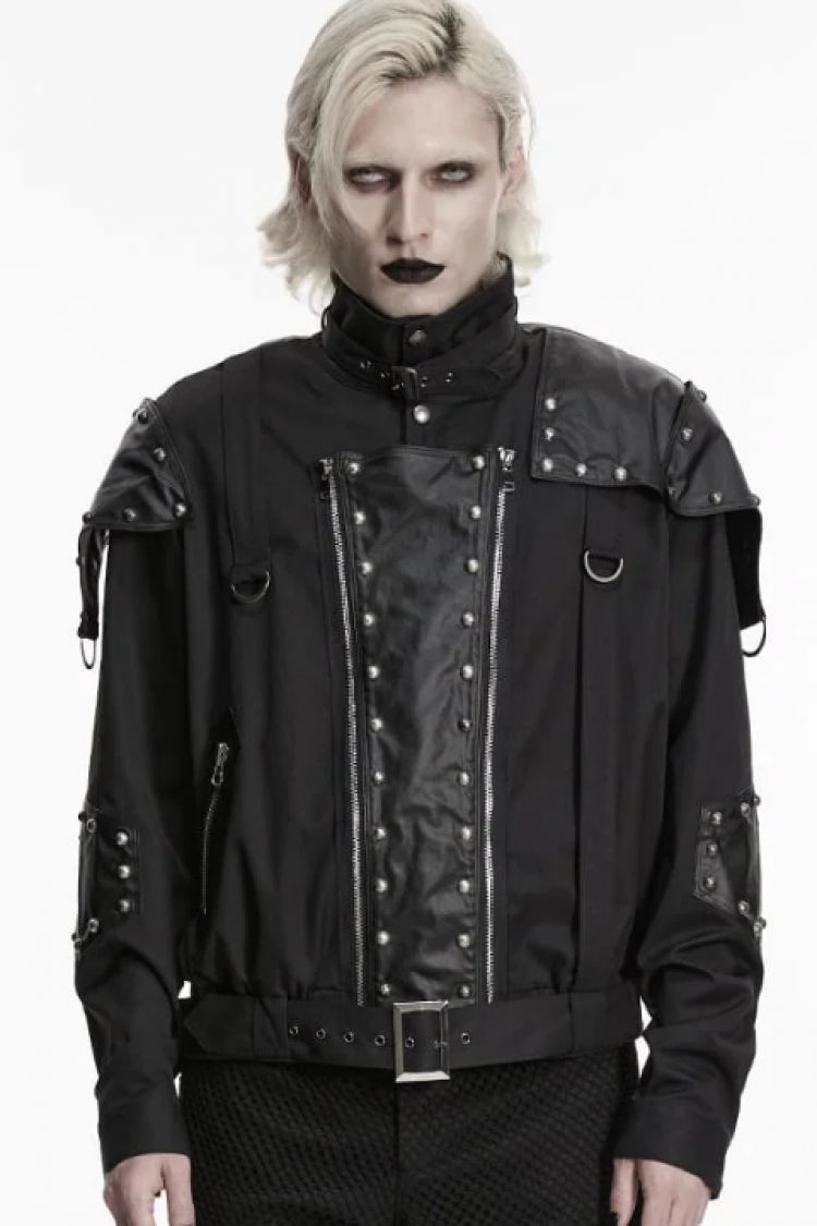 Black Stand Collar Long Sleeves Spliced Asymmetric Studded Buckled Zippered Men's Punk Cool Jacket
