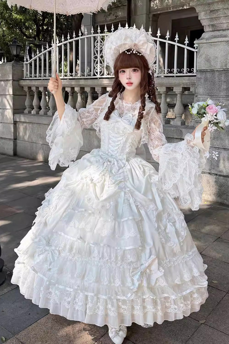 White [Ode of the Curtain] Multi-Layered Ruffled Hanayome Open-Front Bow Lace Lace-Up Sweet Long Lolita Jsk Dress