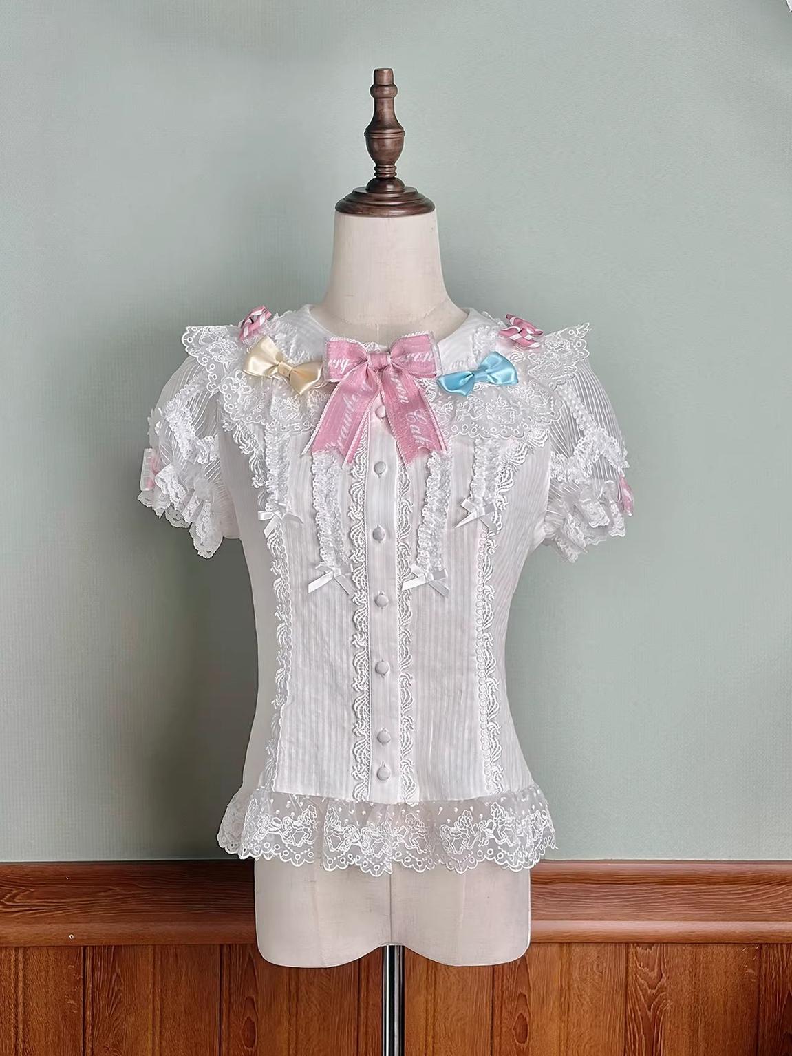 Macaron - Sweet Lolita Short Sleeve Shirt, Lace & Bow Details