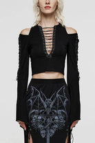 Black V Collar Off Shoulder Long Sleeves Hollow Tie Rope Womens Steampunk T-Shirt