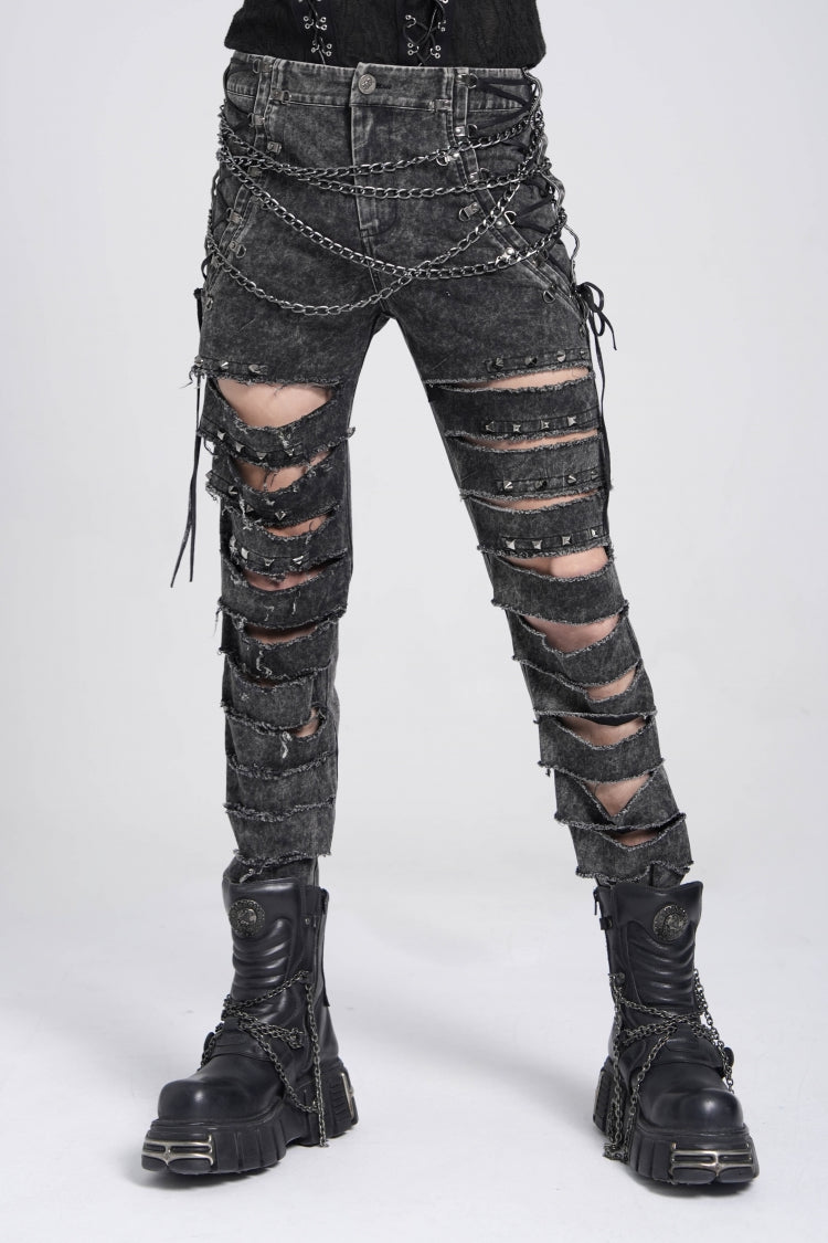 Black Ripped Rivet Men's Punk Pants with Chain